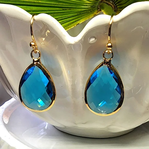 Blue Ice Tear Drop Dangle Gold Earrings Anthropologie NWT - Picture 2 of 3